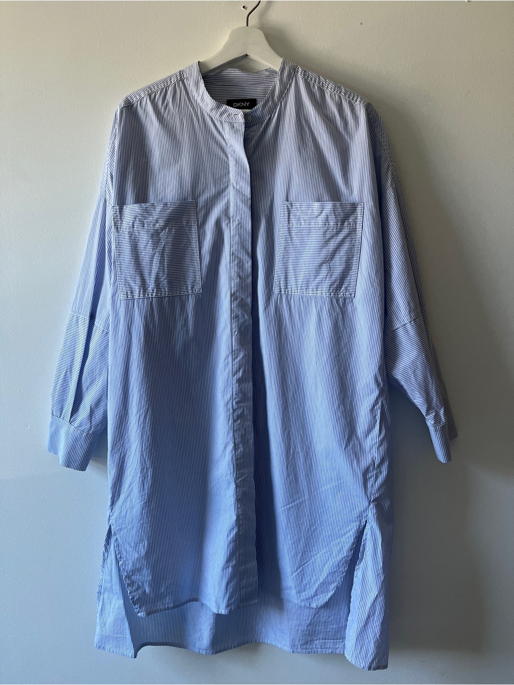 DKNY Light Blue & White Pinstripe Mandarin Collar Shirt Dress